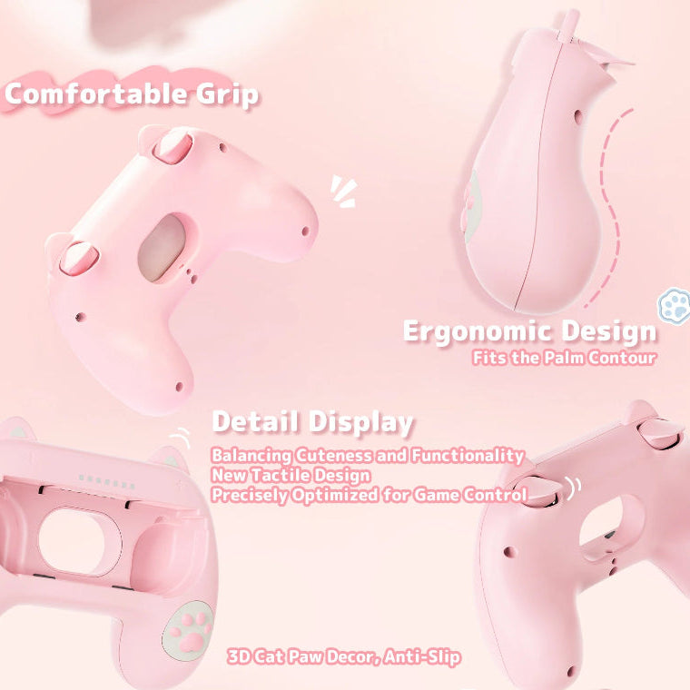 Pink gaming controller with text highlighting features on a light pink background