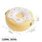 Yellow lunch box with cartoon design and measurements on a white background