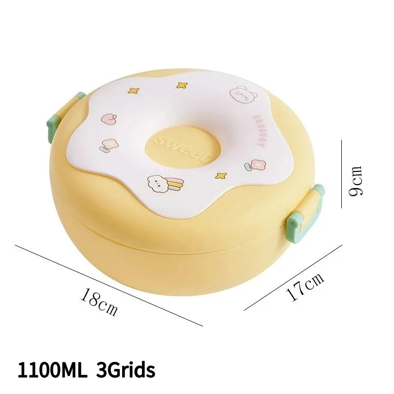 Yellow lunch box with cartoon design and measurements on a white background
