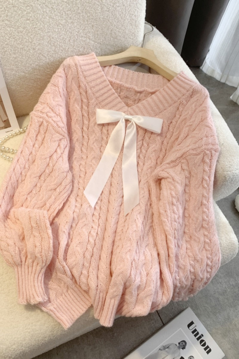 Kawaii Sweet V-Beck Bow Sweater in Pink