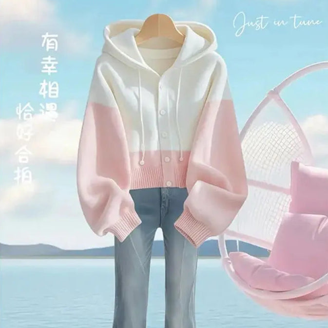 Cute Pink and White Cardigan Hoodie