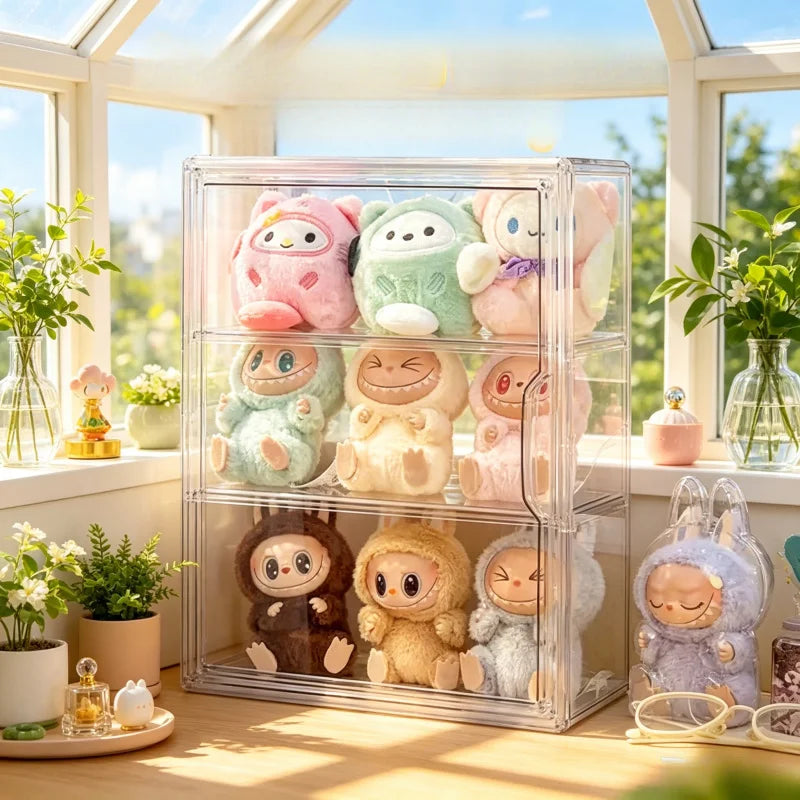 A clear acrylic three-tier storage organizer filled with plush toys, set on a windowsill in a bright sunlit room with plants and natural light.