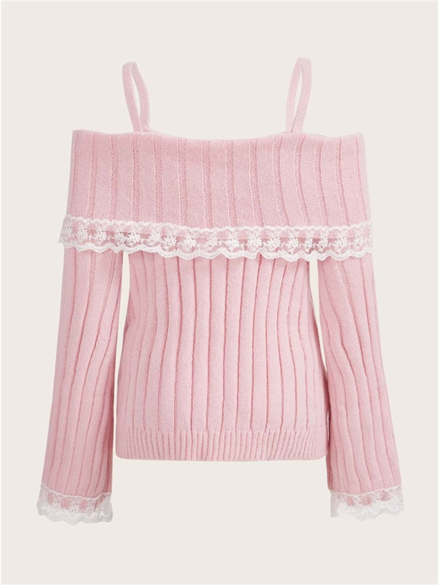 Kawaii Off Shoulder Knit Top in Pink