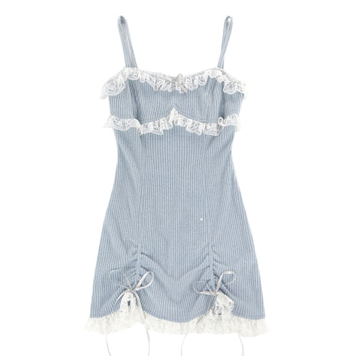 lacey mini dress Japanese Kawaill Lolita Dress Women Bow Pink Party Mini Dresses Female Princess Korean\ 2 Piece Dress Set Blue Dress / L
