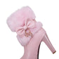 Pink high-heeled shoe with fluffy fur and bow detail on a white background