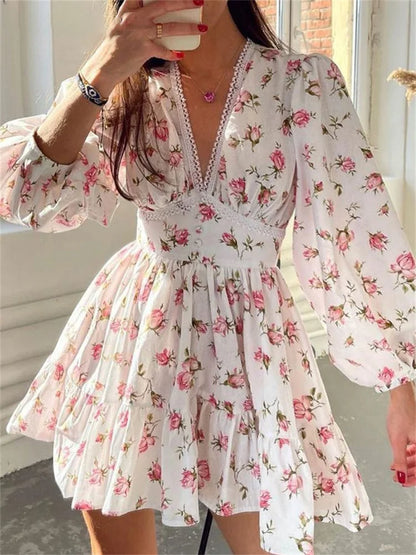 Spring Floral Long Sleeve Mini Dress