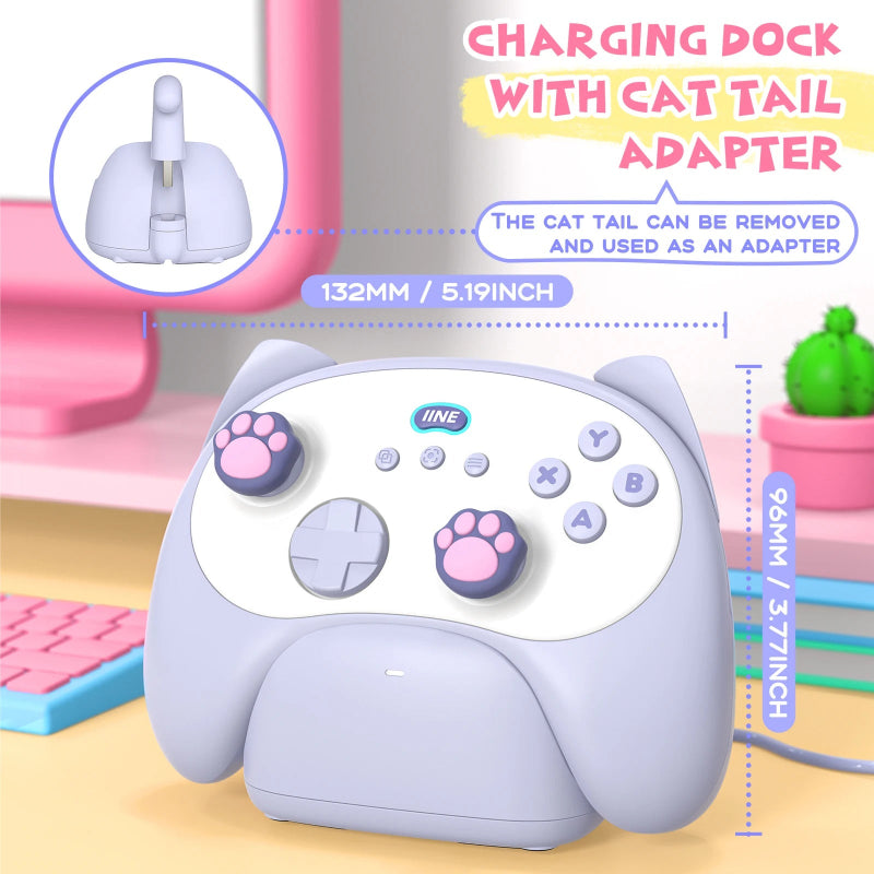 Gaming controller with cat tail design and charging dock adapter on a colorful background