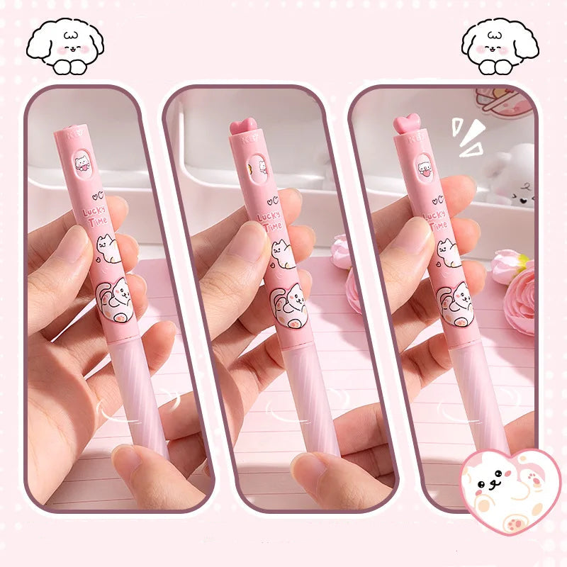 Pink kawaii pen with 360-degree rotation feature held by a hand, with a white case in the background.