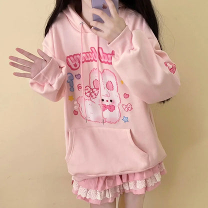 Kawaii Pink Bunny Print Hoodie