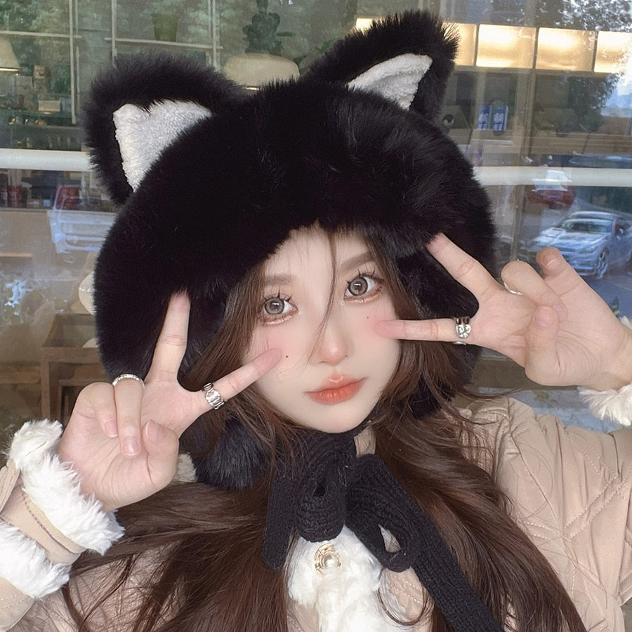 Kawaii Plush Cat Winter Hat in Black