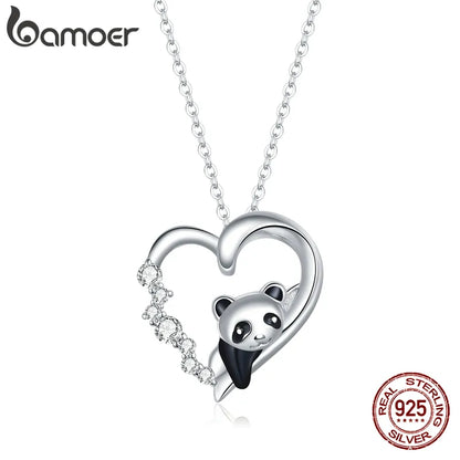 Baby Panda Crystal Heart Sterling Silver Necklace