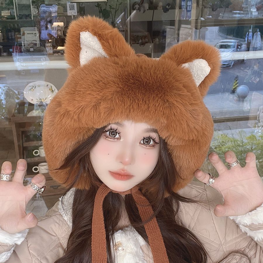 Kawaii Plush Cat Winter Hat in Brown