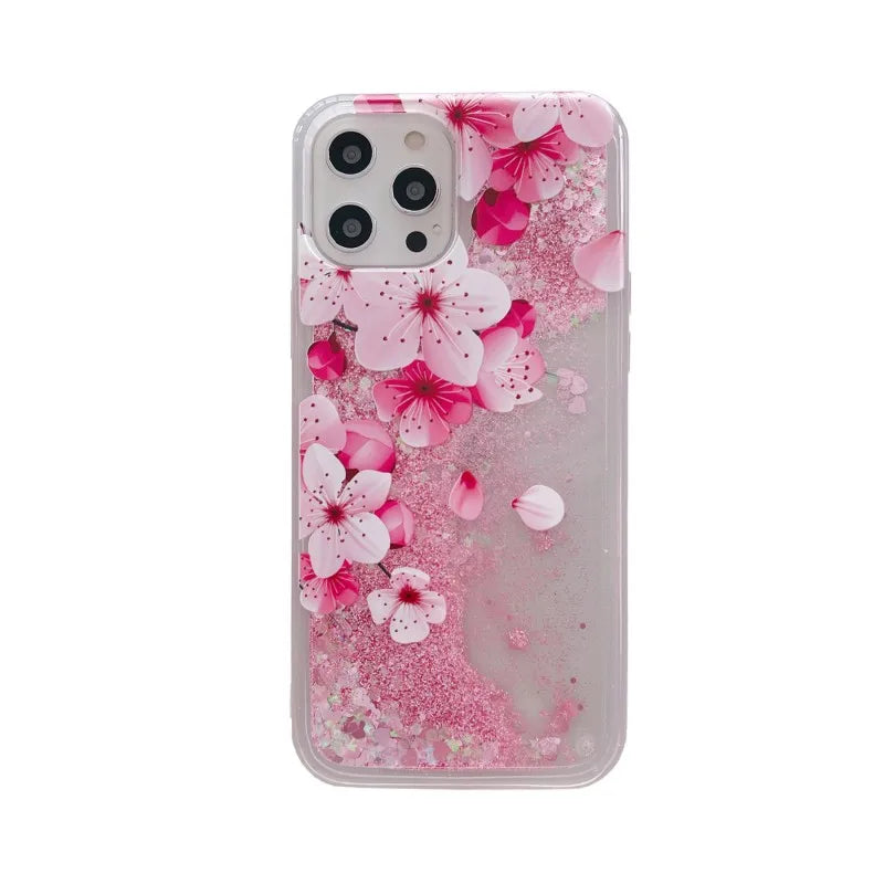 Phone case with pink cherry blossom design on a white background