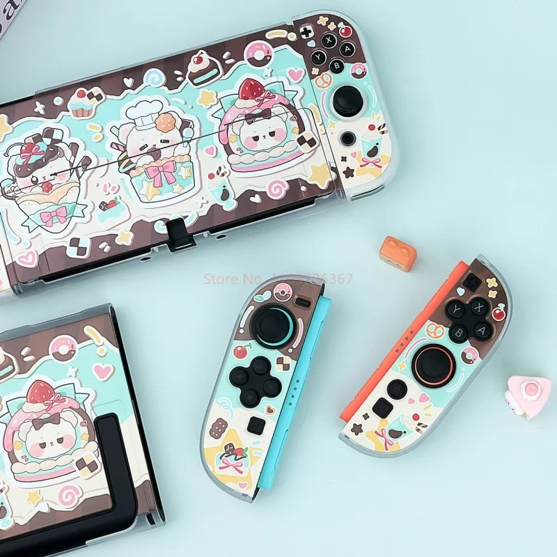 Gaming console with kawaii character design on a light blue background