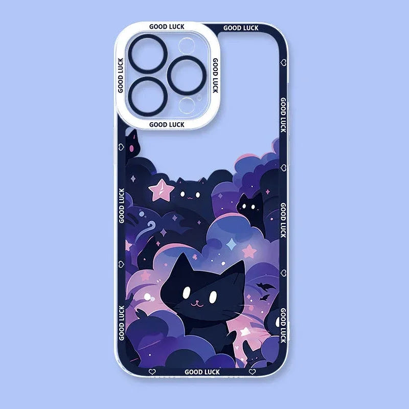 Kawaii Phone case with a black cat design on a purple background