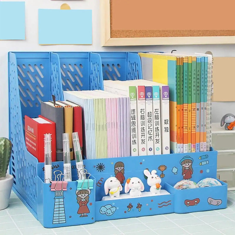 Blue desk organizer with books, stationery, and decorative items on a tiled floor.