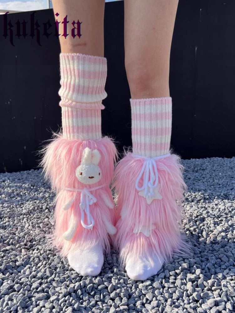 YELLO　BUNNY FAUX FUR MULES & LEG WARMERS Harajuku Furry Bunny Leg Warmers – Kore Kawaii