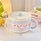 Cute blue ramen bowl with kawaii design and measurements on a light background