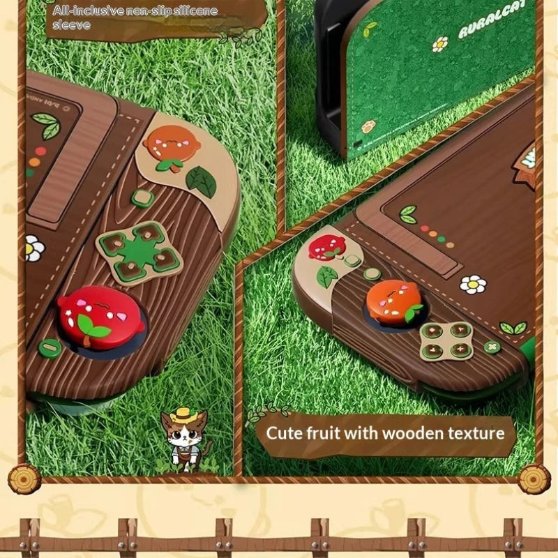 Product packaging with cute fruit designs on a wooden texture, set against a grassy background.