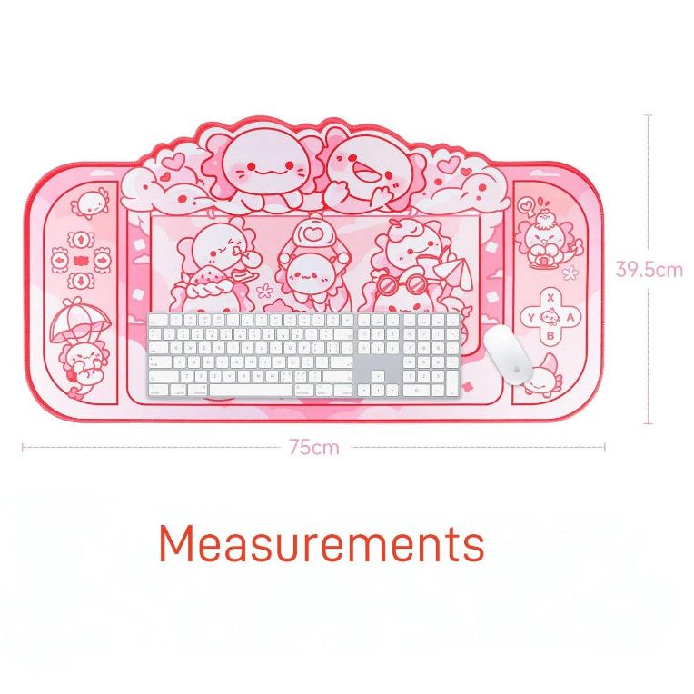 Pink cartoon axolotl themed mouse pad with measurements on a white background