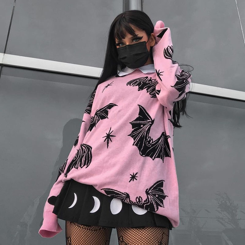 Kawaii Pink Goth Bat Print Sweater