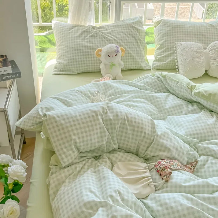 Cute Gingham Bedding Set in sand neutral tone on a bed