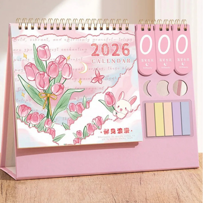 Pink 2026 Desktop Calendar With Sticky Notes