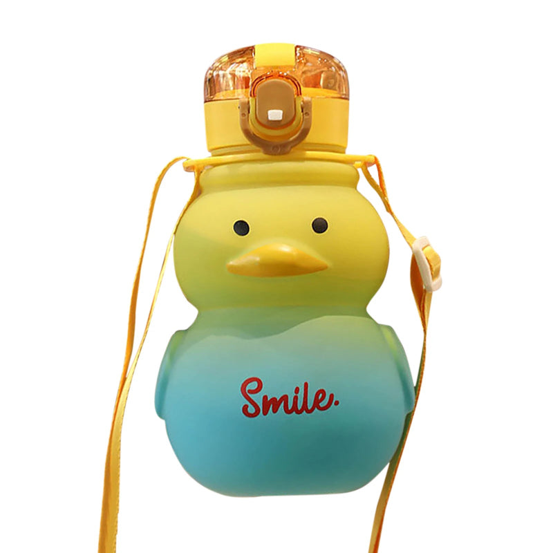 Yellow duck-shaped water bottle with a smiley face and 'Smile.' text on a white background