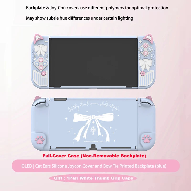 Blue gaming console case with cat ears and bow tie design on a pink background