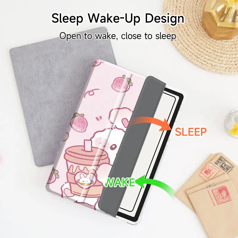 kawaii Strawberry Bunny & Coffee iPad Case, this case depicts a bunny winking while holding a coffee in its paws, with strawberries raining down, the main color is pastel pink with a white rabbit. this picture is also showing how to use the case to open and close it causes the ipad to sleep or wake when the lip is left at certain angles. this is displayed on a white desk top.