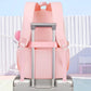 Pink luggage trolley strap attached to a suitcase with a light blue background