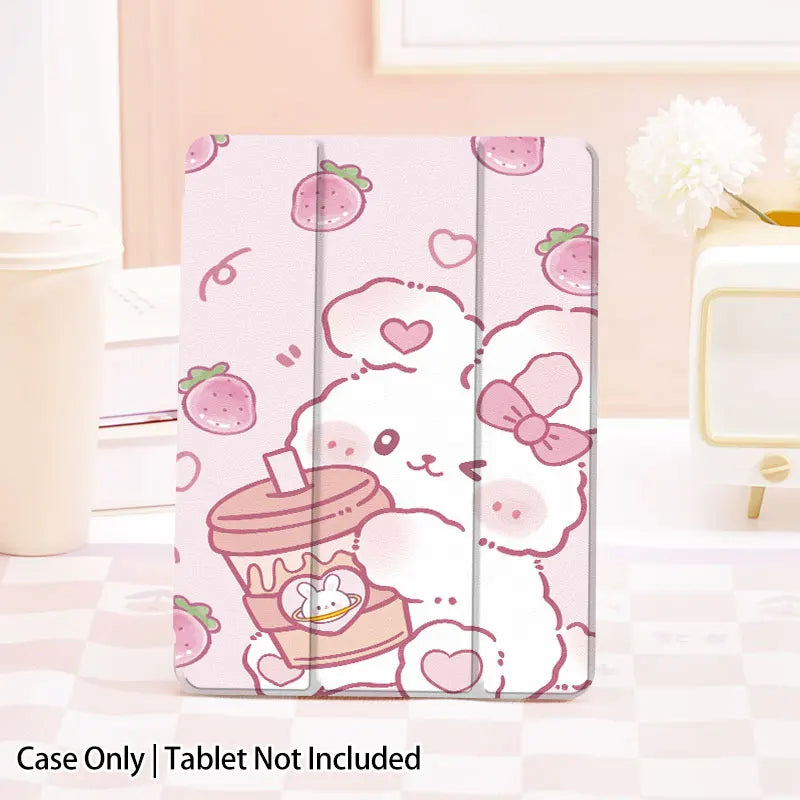 kawaii strawberry bunny & coffee iPad Case, this case depicts a bunny winking while holding a coffee in its paws, with strawberries raining down, the main color is pastel pink with a white rabbit. this case is displayed on a white desk top with pink background.