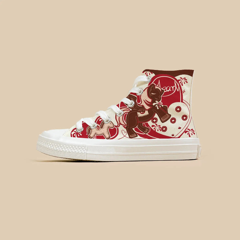 A high-top canvas sneaker featuring a red and dark brown graphic print set against a solid beige background.