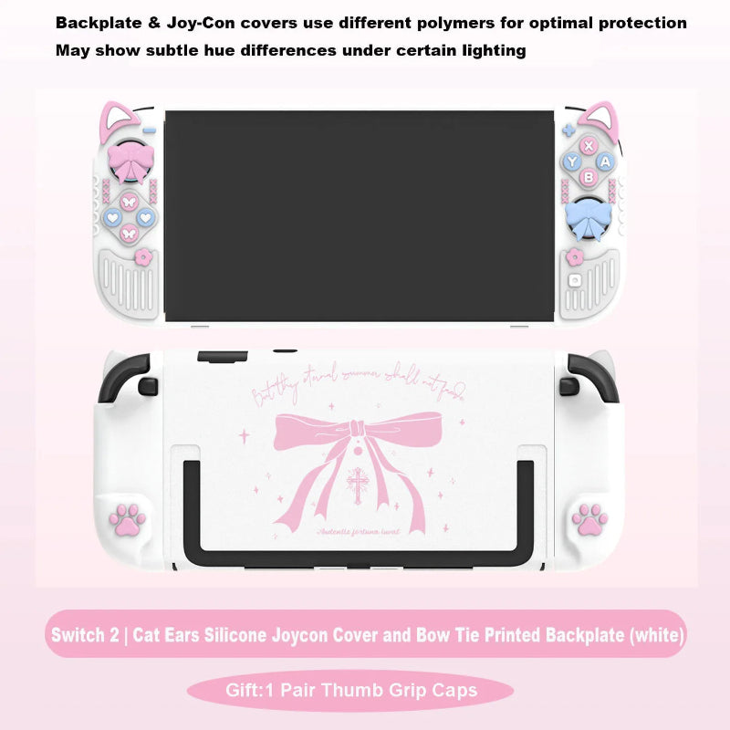 White gaming console with cat ears silicone Joycon cover and bow tie printed backplate on a pink background.