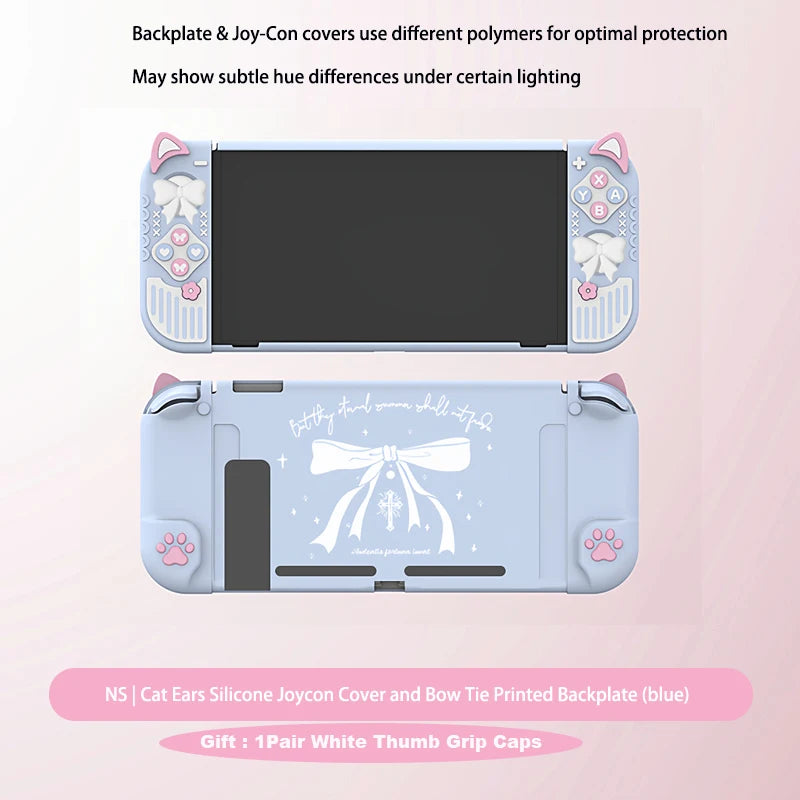 Silicone Joycon cover with cat ears design and bow tie printed backplate on a pink background