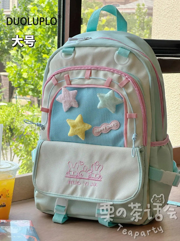 Kawaii backpack with star designs on a table near a window