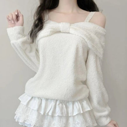 Kawaii White Sweet Off Shoulder Sweater worn by a woman