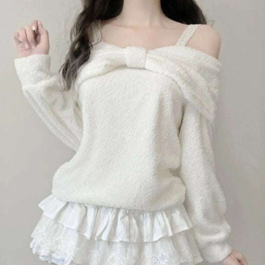 Kawaii White Sweet Off Shoulder Sweater worn by a woman
