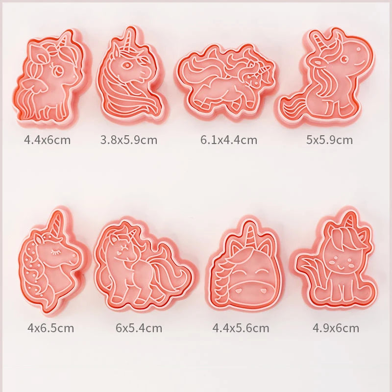Set of unicorn-shaped cookie cutters with dimensions displayed below each.