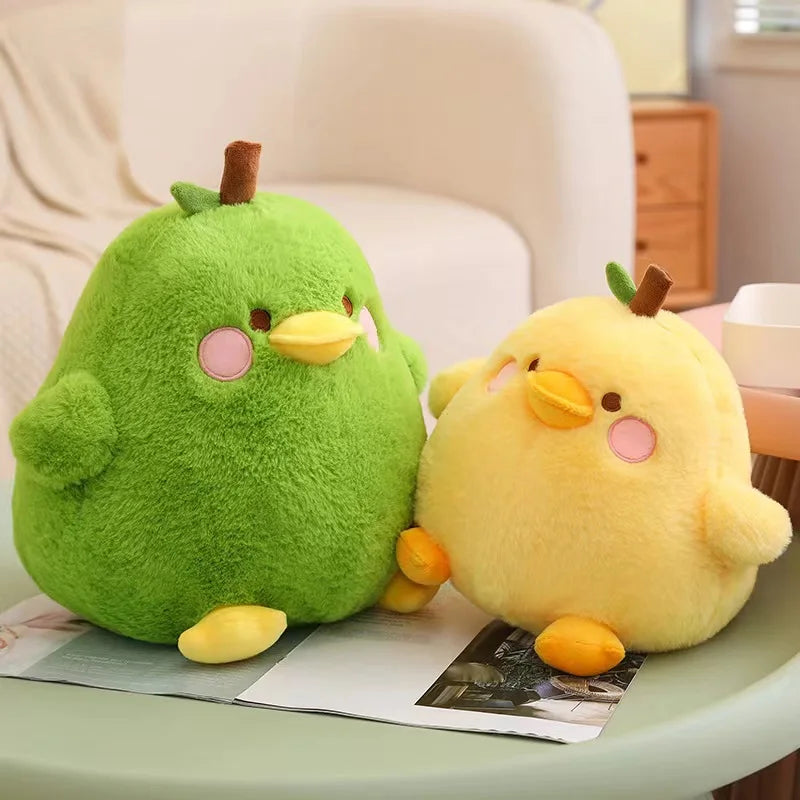 Front view of Kawaii  Cute Duck Peak Plushies in green and yellow on a sitting area  