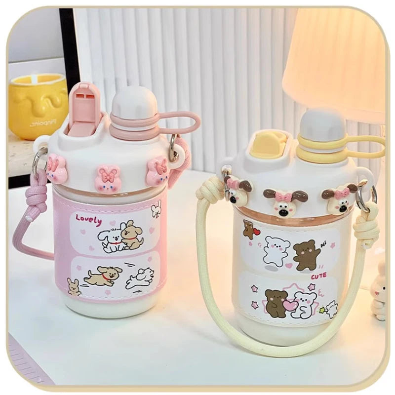 Two cute water bottles with bear designs on a light background