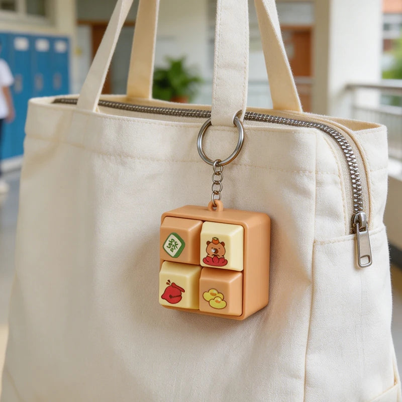 Beige tote bag with a keychain featuring cartoon characters on a blurred indoor background