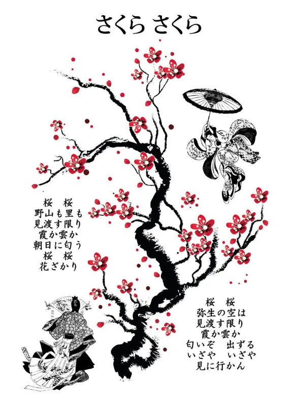 Traditional Japanese artwork with cherry blossoms, a butterfly, and two figures.