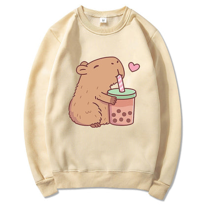 Kawaii Cream Capybara Loves Boba Tea Hoodie