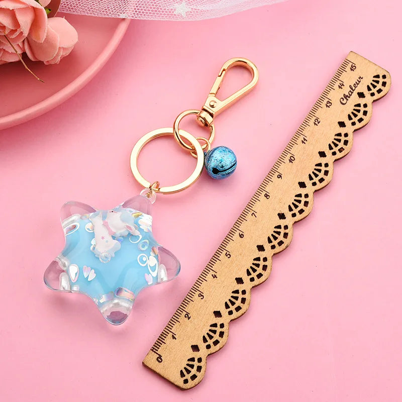 Kawaii light blue Sparkle Star Moving Liquid Keychain with dimensions 