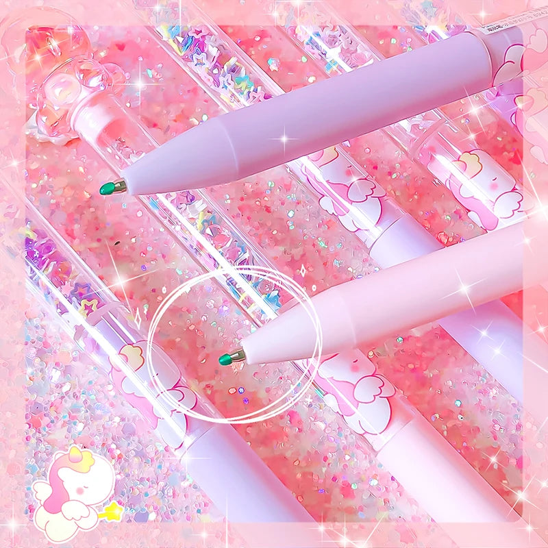 Pink pen with decorative packaging on a pink glittery background