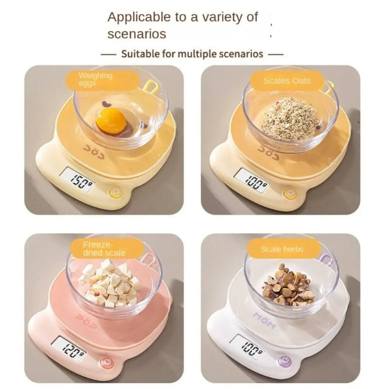 Digital kitchen scale with different items on it, showing its versatility.