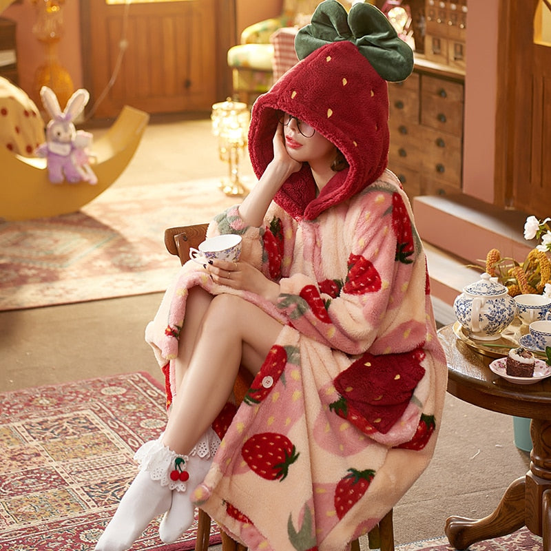 Kawaii Strawberry Print Hooded Robe