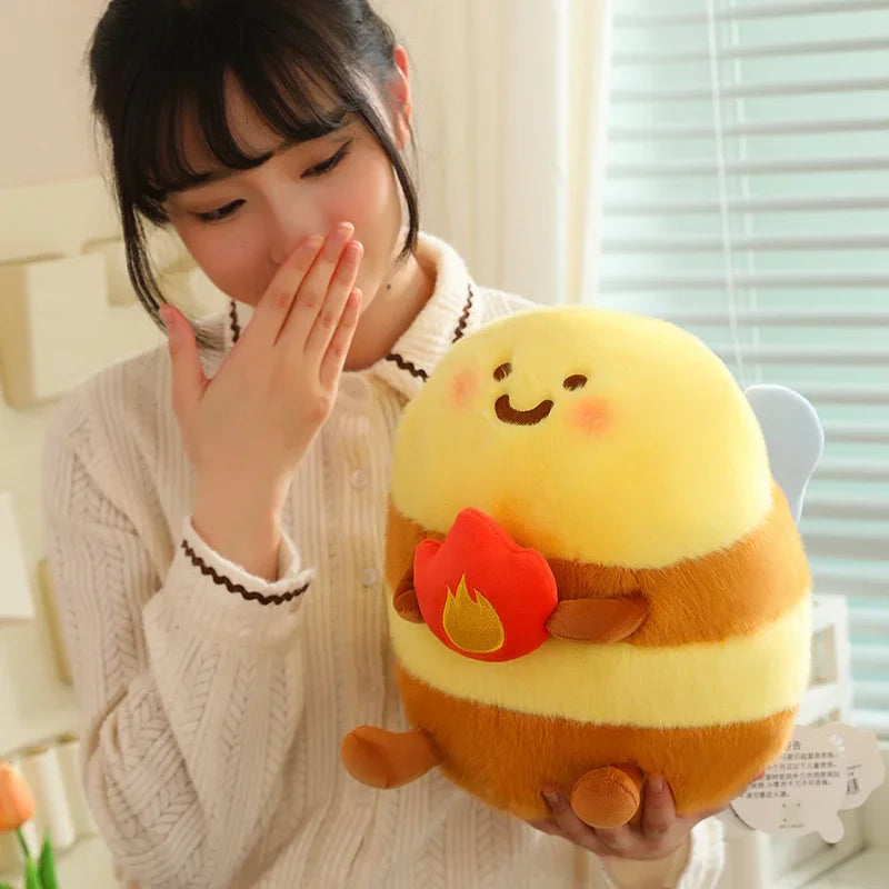 woman holding kawaii happy bee plushie