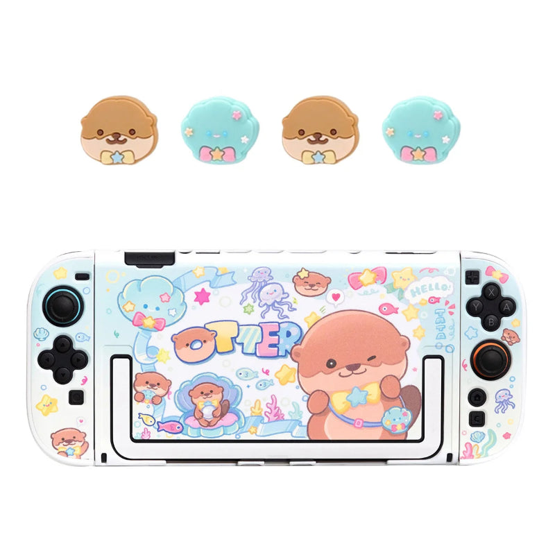 Cute character-themed Nintendo Switch controller skin with cartoon designs on a white background